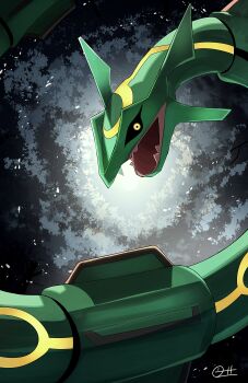 absurdres black_sclera colored_sclera dragon eastern_dragon fangs gen_3_pokemon highres legendary_pokemon nintendo no_humans open_mouth pokemon pokemon_(creature) pokemon_focus rayquaza skin_fangs solo yellow_eyes zeroartwo