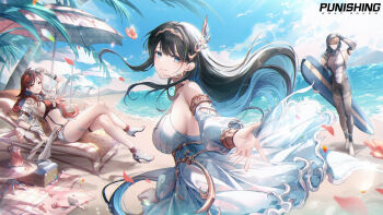 1boy 2girls beach beach_umbrella bikini black_hair blue_eyes breasts cloud colored_inner_hair copyright_name crossed_legs day detached_sleeves dress earrings eyewear_on_head flower fortissimo hair_ornament hairclip high_heels highres holding holding_surfboard jewelry large_breasts lee:_entropy_(oceanic_blues)_(pgr) lee:_entropy_(pgr) lee_(pgr) long_hair looking_at_viewer multicolored_hair multiple_girls musical_note musical_note_hair_ornament navel ocean offering_hand outdoors ozzingo palm_tree parted_lips petals punishing:_gray_raven reaching reaching_towards_viewer reclining red_bikini red_hair selena:_tempest_(aria_of_nymph)_(pgr) selena:_tempest_(pgr) selena_(pgr) shorts sideboob sky smile streaked_hair sunglasses surfboard swimsuit thigh_strap tree two-tone_hair umbrella vera:_garnet_(pgr) vera:_garnet_(wavebender)_(pgr) vera_(pgr) very_long_hair water white_dress white_footwear white_shorts