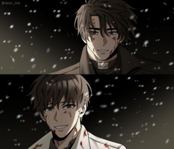 2boys black_coat black_eyes black_hair black_jacket black_shirt blood blood_on_clothes blood_on_face closed_mouth coat collared_coat collared_shirt crying crying_with_eyes_open curtained_hair curtains dark_background floating_hair grin hair_between_eyes hair_over_one_eye jacket kim_dokja light_smile looking_at_another male_focus multiple_boys official_art_redraw omniscient_reader&#039;s_viewpoint popped_collar shirt short_hair smile snow taozi_tea tears teeth thick_eyebrows third-party_source twitter_username upper_body white_coat white_jacket white_shirt wind yoo_joonghyuk