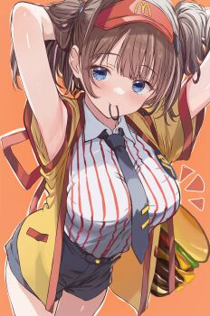 1girl arms_behind_head black_necktie black_shorts blue_eyes breasts brown_hair burger cutlass_(classic_chocolate) food highres imadake_dabuchi_tabemi jacket large_breasts looking_at_viewer mcdonald&#039;s mouth_hold necktie open_clothes open_jacket orange_background shirt shorts simple_background solo striped_clothes striped_shirt thighs twintails vertical-striped_clothes vertical-striped_shirt visor_cap white_shirt yellow_jacket