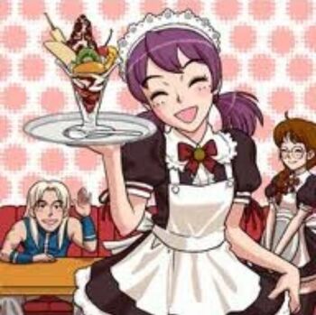 2girls asamiya_athena braid brown_hair dress glasses jhun_hoon kaoru_watabe long_hair maid multiple_girls pale_skin purple_hair round_eyewear skirt smile smiley_face socks the_king_of_fighters twintails watabe_kaoru