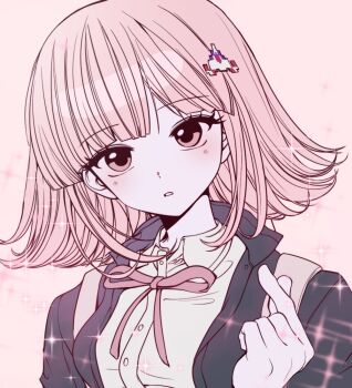 Rule 34 | 1girl, black jacket, breasts, brown hair, danganronpa (series), danganronpa 2: goodbye despair, duwan1044834, finger heart, flipped hair, hair ornament, jacket, long sleeves, medium breasts, medium hair, nanami chiaki, neck ribbon, no hood, open clothes, open jacket, pink eyes, ribbon, shirt, simple background, solo, teeth, white shirt