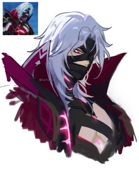 Rule 34 | 1boy, bandage on face, bandage over one eye, bandaged neck, bandages, bandages over mouth, black bandages, commentary, cropped torso, english commentary, game screenshot inset, genshin impact, highres, male focus, medium hair, mystical high collar, one eye covered, pink eyes, reference inset, rerir (genshin impact), screenshot inset, seta zhii, simple background, sketch, solo, twitter username, upper body, white background, white hair