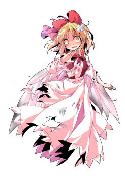 1girl alphes_(style) black_vest blonde_hair blush bow bowtie commentary_request dairi defeat feathered_wings feathers full_body gengetsu_(touhou) hair_bow hand_up large_variant_set long_skirt long_sleeves open_clothes open_vest parody puffy_long_sleeves puffy_sleeves red_bow red_bowtie shirt short_hair skirt skirt_set solo style_parody tachi-e torn_clothes touhou touhou_(pc-98) transparent_background variant_set vest white_shirt white_skirt white_wings wings