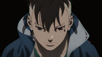 Rule 34 | 1boy, black hair, blonde hair, blue jacket, boruto: naruto next generations, chromatic aberration, collarbone, earrings, expressionless, eyebrow piercing, face piercing, facial tattoo, highres, jacket, jewelry, kawaki (boruto), male focus, multicolored hair, naruto (series), piercing, portrait, solo, stud earrings, tattoo, twitter username, two-tone hair, undercut, yokigeru