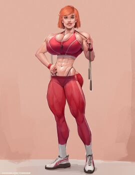 1girl abs artist_name bimbofication black_nails breasts cleavage coach coach_kelly_(acidveronica) crop_top curvy full_body g-string green_eyes gym_uniform hand_on_own_hip highres huge_breasts jewelry jump_rope long_hair narrow_waist navel orange_hair original pants panty_straps patreon_username red_pants red_sports_bra ring second-party_source shoes short_hair solo sports_bra standing temogam thick_lips thong toned toned_female watermark web_address wedding_ring whistle whistle_around_neck workout_clothes yoga_pants