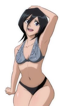 1girl arm_above_head arm_support bikini black_bikini black_eyes black_hair bleach breasts cleavage collarbone commentary eric_coronel_(artist) grey_bikini hair_between_eyes highres kuchiki_rukia navel open_mouth simple_background sitting solo swimsuit teeth upper_teeth_only white_background