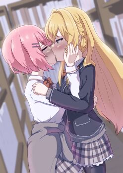 2girls amaori_renako black_jacket black_pantyhose blazer blonde_hair blush bow bowtie braid closed_eyes clothes_around_waist collared_shirt commentary_request grey_skirt grey_sweater hair_intakes highres indoors jacket kiss library medium_hair multiple_girls ouzuka_mai pantyhose pink_hair plaid_clothes plaid_skirt pleated_skirt purple_eyes red_bow red_bowtie school_uniform shirt side_braid skirt sonoda_uki sweater sweater_around_waist watashi_ga_koibito_ni_nareru_wake_naijan_murimuri! white_shirt yuri