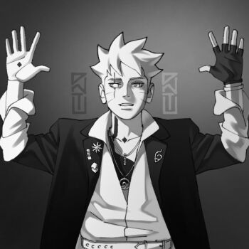 1boy absolute_cinema_(meme) belt black_jacket boruto:_two_blue_vortex collarbone commentary dnt_agun english_commentary eyebrow_cut facial_mark fingerless_gloves gloves greyscale heterochromia jacket jewelry jougan male_focus meme monochrome naruto_(series) necklace pin scar scar_across_eye scar_on_face signature single_fingerless_glove smile solo upper_body uzumaki_boruto whisker_markings wristband