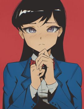 Rule 34 | 1girl, absurdres, black hair, blazer, blouse, blue jacket, bow, closed mouth, collared shirt, commentary, english commentary, highres, jacket, komi-san wa komyushou desu, komi shouko, lem, long hair, long sleeves, looking at viewer, purple eyes, red background, school uniform, shirt, simple background, solo, striped bow, swept bangs, upper body, white shirt