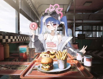 1girl absurdres baseball_cap blue_archive blue_eyes blush burger closed_mouth clothes_writing commentary_request crop_top cup diner donut eyewear_on_headwear fang food french_fries fubuki_(blue_archive) grey_hat grey_jacket hat highres holding holding_donut holding_food indoors jacket ketchup_bottle micasa_tto mixed-language_commentary mustard_bottle off_shoulder one_eye_closed open_clothes open_jacket pink_eyes plate salt_shaker skin_fang smile solo sunglasses tank_top tray twintails v white_tank_top