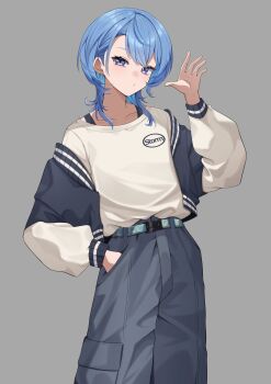 1girl belt blue_eyes blue_hair commentary_request cowboy_shot double-parted_bangs earrings grey_background grey_pants hair_between_eyes hand_in_pocket hand_up highres hololive hoshimachi_suisei jacket jewelry letterman_jacket long_sleeves looking_at_viewer medium_hair nametakeko off_shoulder pants shirt shirt_tucked_in simple_background solo standing star_(symbol) star_in_eye symbol_in_eye virtual_youtuber waving white_jacket white_shirt white_sleeves wolf_cut