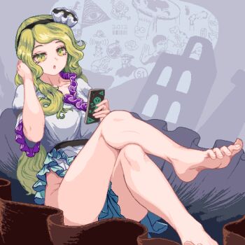 1girl barcode barefoot bart_simpson black_hairband breasts cellphone character_request clam_shell collarbone commentary dress english_commentary eye_of_providence feet flat_earth frilled_dress frills frog green_eyes green_hair hair_ornament hairband hand_in_own_hair holding holding_phone loch_ness_monster long_hair medium_breasts mrbeast no_panties nukekip open_mouth phone pixel_art puffy_short_sleeves puffy_sleeves reclining shell shell_hair_ornament short_sleeves smartphone solo spongebob_squarepants spongebob_squarepants_(series) the_simpsons thighs touhou tyrannosaurus_rex ufo watari_nina white_dress