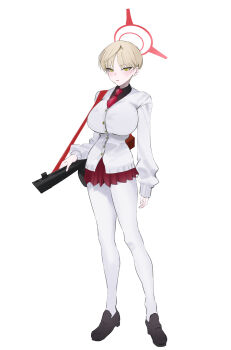 Rule 34 | 1girl, absurdres, black shirt, blonde hair, blue archive, blush, breasts, cardigan, dantyou2525, full body, gun, gun sling, halo, highres, holding, holding gun, holding weapon, large breasts, long sleeves, looking at viewer, marina (blue archive), miniskirt, necktie, pantyhose, pleated skirt, red necktie, red skirt, rifle, school uniform, shirt, short hair, simple background, skirt, solo, weapon, white background, white cardigan, white pantyhose