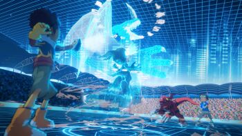 3d absurdres claws digimon digimon_(creature) digivice evolution goggles goggles_on_head guilmon highres matsuda_takato motomiya_daisuke tail v-mon wings wireframe xv-mon