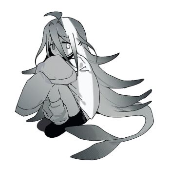 1girl allsu_official commentary_request fins fish_girl fish_tail gradient_hair grey_eyes grey_hair knees_up korean_commentary leg_warmers long_hair looking_at_viewer multicolored_hair original simple_background sleeves_past_fingers sleeves_past_wrists solo tail very_long_hair white_background