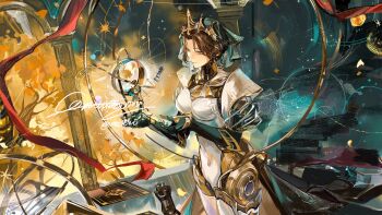 1girl android arch black_veil blue_background brown_eyes brown_hair commission cowboy_shot hands_up highres joints lucy_(reverse:1999) official_alternate_costume profile reverse:1999 robot_girl robot_joints san_zui_xiaolian_mo short_hair solo tiara tree veil