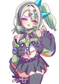 Rule 34 | 1girl, anby demara, arm up, black gloves, black skirt, black thighhighs, blush, commentary request, fingerless gloves, gloves, green eyes, green hair, hair ornament, headphones, highres, jacket, looking at viewer, multicolored sleeves, multiple hair clips, navel, open mouth, rukir777, simple background, skirt, solo, sunna (zenless zone zero), thighhighs, white background, zenless zone zero