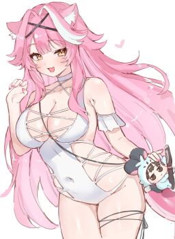 1girl animal_ears armband armpit_crease bare_shoulders blush breasts chattino_(raora_panthera) cleavage collarbone commentary covered_navel english_commentary fang fingernails granetchong62 hair_intakes heart highres hololive hololive_english large_breasts long_hair looking_at_viewer multicolored_hair nail_polish one-piece_swimsuit open_mouth panther_ears panther_girl panther_tail pink_hair pink_nails pink_tail raora_panthera simple_background skin_fang smile streaked_hair swimsuit tail thighs two-tone_hair virtual_youtuber white_armband white_background white_one-piece_swimsuit yellow_eyes