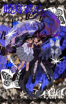 Rule 34 | 2girls, abstract background, akemi homura, akuma homura, ankle socks, argyle clothes, argyle thighhighs, armlet, bare shoulders, black choker, black dress, black eyes, black gloves, black hair, black shoes, black socks, blue dress, bow, bowtie, braid, bug, butterfly, character name, chinese commentary, choker, circle skirt, closed mouth, collared shirt, commentary request, dot nose, dress, dual persona, elbow gloves, expressionless, feather-trimmed dress, floating clothes, floating hair, floral background, frilled shirt, frills, full body, glasses, gloves, grey background, grey skirt, hair between eyes, hair bow, hair floating upwards, hairband, hand on another's hand, hexagram, high collar, highres, insect, jewelry, juliet sleeves, knees, light blush, long dress, long hair, long sleeves, low twin braids, mahou shoujo madoka magica, mahou shoujo madoka magica: hangyaku no monogatari, miniskirt, mitakihara school uniform, multiple girls, pendant choker, plaid clothes, plaid skirt, pleated skirt, procreate (medium), puffy sleeves, purple thighhighs, red-framed eyewear, red bow, red bowtie, red hairband, school uniform, shirt, shoes, skirt, sleeve cuffs, socks, strapless, strapless dress, thighhighs, twin braids, two-sided dress, two-sided fabric, uwabaki, very long hair, white hairband, white shirt, xinzangjian