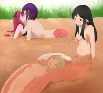 4girls absurdres black_hair brown_hair handprint highres kiss lamia magica2 masturbation monster_girl mud multiple_girls nipples nude pink_hair pointy_ears purple_hair twintails unbirthing vore yuri