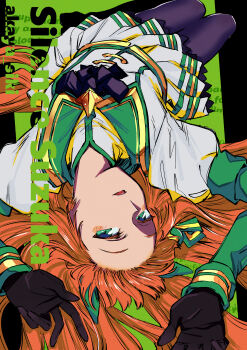 1girl absurdres akaya_shiki animal_ears artist_name black_background black_bow black_gloves black_pantyhose bow character_name commentary ear_covers ear_ornament gloves green_background green_eyes hair_ornament hairband hairclip highres horse_ears horse_girl horse_tail juliet_sleeves long_hair long_sleeves looking_at_viewer lying on_back open_mouth orange_hair pantyhose parted_lips petticoat pleated_skirt puffy_sleeves purple_pantyhose silence_suzuka_(umamusume) skirt solo tail two-tone_background umamusume watermark white_hairband white_skirt