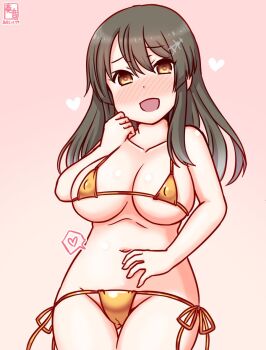 1girl bikini black_hair blush breasts cameltoe covered_erect_nipples cowboy_shot gold_bikini gradient_background hair_ornament hairclip kanon_(kurogane_knights) kantai_collection long_hair looking_at_viewer open_mouth oyashio_(kancolle) pink_background ribbon solo swimsuit