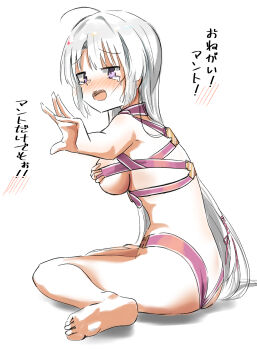 1girl ahoge ass ayachi_nene barefoot belt belt_bra belt_collar blush breasts collar commentary_request covering_breasts covering_privates ear_blush embarrassed feet full_body furrowed_brow grey_hair hair_between_eyes hair_ribbon highres honotuki large_breasts leaning_forward long_hair naked_belt nose_blush open_mouth outstretched_arm outstretched_hand pink_belt pink_ribbon purple_eyes reaching ribbon sanoba_witch sideboob sidelocks simple_background sitting soles solo straight_hair tearing_up toes translated very_long_hair wariza white_background