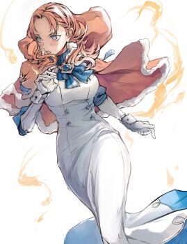 1girl annette_fantine_dominic annette_fantine_dominic_(timeskip) blue_eyes breasts brooch capelet commentary_request fire_emblem fire_emblem:_three_houses floating_hair fur-trimmed_capelet fur_trim gloves highres jewelry long_hair medium_breasts nintendo orange_capelet orange_hair solo white_gloves zat_296