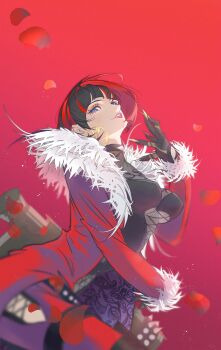 1girl absurdres anna_williams black_boots black_gloves black_hair boots breasts coat commentary cowboy_shot fur-trimmed_coat fur-trimmed_sleeves fur_coat fur_trim gloves highres knee_boots lag_(wo76_a) large_breasts multicolored_hair pantyhose red_background red_coat red_hair solo tekken tekken_8 turtleneck two-tone_hair