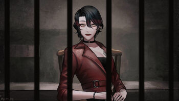 1girl black_hair breast_tattoo chair choker commentary cosplay earrings genderswap genderswap_(mtf) hair_between_eyes highres jacket jewelry lipstick makeup maria_(silent_hill) maria_(silent_hill)_(cosplay) multicolored_hair nijisanji nijisanji_en o-ring o-ring_choker prison_cell red_hair red_jacket red_lips short_hair silent_hill_(series) silent_hill_2 silent_hill_2_(remake) solo streaked_hair tattoo two-tone_hair upper_body virtual_youtuber vox_akuma yellow_eyes yui930