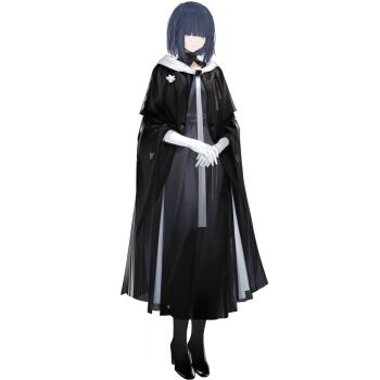 1girl arknights bird_girl black_boots black_cloak blue_dress blue_hair blunt_bangs boots brown_eyes cloak dress full_body gloves long_bangs long_dress looking_down nun official_art open_cloak open_clothes own_hands_together short_hair simple_background solo standing tachi-e third-party_source transparent_background white_gloves