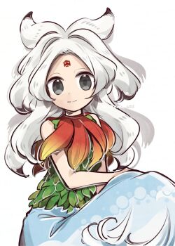 Rule 34 | 1girl, blue skirt, closed mouth, colored tips, commentary, facial mark, feather capelet, forehead mark, green shirt, grey eyes, highres, houjuu chimi, leaf clothing, leaf shirt, long hair, multicolored hair, parted bangs, shirt, simple background, skirt, sleeveless, sleeveless shirt, smile, solo, tama (hiroshige 36), touhou, two-tone hair, white background, white hair