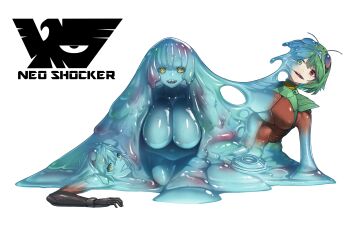 1girl breasts clenched_teeth commentary dororingo eidenjyou1997 emblem english_commentary evil_smile fake_skyrider full_body genderswap genderswap_(mtf) green_hair hand_on_ground heterochromia highres kamen_rider large_breasts monster_girl neo_kamen_rider open_mouth red_eyes rider-tan sharp_teeth shocker_(kamen_rider) short_hair simple_background slime_girl smile solo teeth transformation white_background yellow_eyes