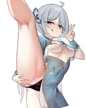 1girl :q absurdres acacia_(snowbreak) acacia_-_kaguya_(allure_of_lotus)_(snowbreak) ahoge aqua_dress areola_slip black_panties blush breasts china_dress chinese_clothes covered_navel dress grey_hair hashtag-only_commentary heart heart-shaped_pupils highres legs long_hair looking_at_viewer medium_breasts panties pussy pussy_peek ribs simple_background snowbreak:_containment_zone solo split spread_pussy spreading_own_pussy standing standing_on_one_leg standing_split symbol-shaped_pupils thighs tongue tongue_out twintails underboob underwear w white_background yellow_eyes zhuma