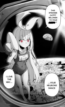 1girl absurdres arms_behind_back bare_legs bare_shoulders barefoot bow breasts closed_mouth clover_dot_(clov_erd) commentary covered_navel dot_mouth earth_(planet) empty_eyes english_commentary english_text full_body greyscale hair_bow highres long_hair looking_at_viewer monochrome name_tag on_moon one-piece_swimsuit original planet pov red_eyes ringed_eyes school_swimsuit small_breasts solo space speech_bubble spot_color standing stuffed_animal stuffed_rabbit stuffed_toy swimsuit very_long_hair