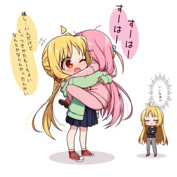 ! !! +++ 3girls ahoge ahoge_wag black_pants black_shirt black_skirt blonde_hair blush bocchi_the_rock! bra_strap brown_shoes chibi chibi_only chika_(06chimika13) closed_eyes commentary_request crossed_arms cube_hair_ornament expressive_hair gotoh_hitori green_jacket hair_ornament hood hood_down hooded_jacket ijichi_nijika ijichi_seika jacket loafers long_hair long_sleeves multicolored_pants multiple_girls one_eye_closed open_clothes open_jacket open_mouth pants pink_hair pink_jacket pink_pants pink_track_suit red_eyes red_shoes shirt shoes side_ponytail simple_background skirt sneakers socks speech_bubble spoken_exclamation_mark striped_clothes striped_pants thought_bubble track_jacket track_pants track_suit translation_request two-tone_pants vertical-striped_clothes vertical-striped_pants white_background white_pants white_socks