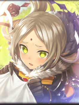 artist_request bindi black_killers_(phantom_of_the_kill) blonde_hair blush dark_skin facial_mark forehead_mark fur_trim gauntlets grass green_eyes long_hair low_twintails official_art open_mouth parashu phantom_of_the_kill twintails