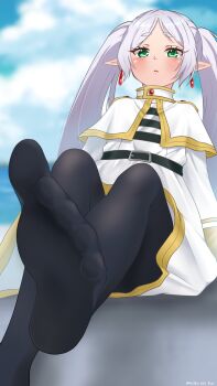 Rule 34 | 1girl, black pantyhose, feet, frieren, green eyes, grey hair, highres, long hair, looking at viewer, pantyhose, parted lips, pointy ears, soles, sousou no frieren, toes, twintails, waka me kav