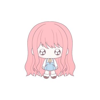 1girl :o absurdly_long_hair ankle_socks blue_skirt blush_stickers bow bowtie brown_eyes brown_shoes chibi collared_shirt commentary english_commentary flat_color frilled_skirt frills gold_buttons high-waist_skirt loafers long_hair long_sidelocks long_sleeves looking_at_viewer miniskirt nikki_(nikki) nikki_(series) nikki_up2u2:_world_traveller parted_lips pink_hair pleading_eyes pleated_skirt pocket puffy_long_sleeves puffy_sleeves shirt shoes sidelocks simple_background skirt sleeves_past_wrists socks solo standing straight-on suspender_skirt suspenders very_long_hair wavy_hair white_background white_shirt white_socks yebmel yellow_bow yellow_bowtie