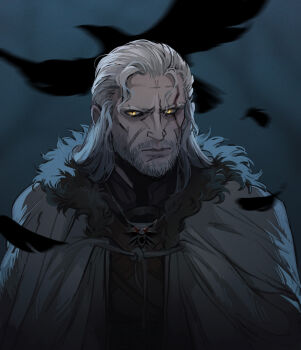 1boy black_feathers commentary english_commentary falling_feathers feathers geralt_of_rivia grey_hair highres junorsky long_hair looking_at_viewer male_focus scar scar_across_eye scar_on_face solo the_witcher_(series) the_witcher_3 upper_body yellow_eyes