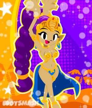 Rule 34 | 1girl, armlet, arms up, artist name, braid, breasts, commentary, dancer shantae, dark-skinned female, dark skin, eddysmash2407, english commentary, full body, gold armlet, highres, jewelry, long hair, looking at viewer, navel, pointy ears, purple hair, satin clothes, shantae, shantae (series), shantae and the pirate's curse, single braid, solo, star (symbol), very long hair, watermark