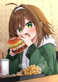 Rule 34 | 1girl, :o, ahoge, blurry, blurry background, blush, brick wall, brown hair, burger, burger king, commentary request, cup, depth of field, disposable cup, drinking straw, fang, food, french fries, green eyes, green jacket, hair between eyes, hair intakes, hairband, hands up, haru (kuzuyu), highres, holding, holding food, hood, hood down, hoodie, indoors, jacket, komori kuzuyu, long sleeves, looking at viewer, open mouth, puffy long sleeves, puffy sleeves, solo, upper body, white hairband, white hoodie