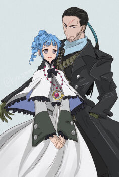 Rule 34 | 1boy, 1girl, ange serena, bandolier, bead necklace, beads, beard stubble, belt, black bow, black coat, black hair, blue hair, bow, coat, dress, drill hair, facial hair, frilled shawl, frills, gloves, green gloves, grey eyes, hand in pocket, high ponytail, highres, jewelry, kiyou sumomo, long hair, looking at viewer, necklace, ponytail, ricardo soldato, shawl, short hair, simple background, smile, stubble, tales of (series), tales of innocence, v arms, white background, white dress