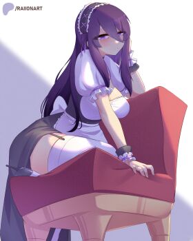 Rule 34 | 1girl, absurdres, apron, artist name, blush, breasts, chair, cleavage, commentary, doki doki literature club, english commentary, highres, large breasts, long hair, maid, maid apron, on chair, patreon logo, patreon username, purple eyes, purple hair, raion (raionart), solo, thighs, yuri (doki doki literature club)