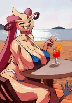 1girl ^_^ antennae arm_under_breasts beach bikini bittenhard blue_bikini breast_rest breasts breasts_on_table chair cleavage closed_eyes cup drink drinking_glass facing_viewer feet_out_of_frame fins fish_girl fish_tail food fruit full_body furry furry_female gen_3_pokemon large_breasts milotic mole mole_on_breast nintendo ocean on_chair orange_(fruit) orange_slice outdoors pokemon sitting solo swimsuit tail tentacle_hair v