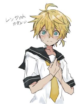 1boy ahoge black_hair blue_eyes blue_sailor_collar blush closed_mouth commentary furrowed_brow hair_between_eyes hands_on_own_chest kagamine_len necktie ponytail qls sailor_collar shirt short_ponytail short_sleeves simple_background solo split_mouth translation_request vocaloid white_background white_shirt yellow_necktie