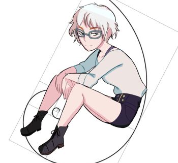 Rule 34 | 1girl, black boots, black shorts, blue-framed eyewear, blue eyes, boots, closed mouth, collared shirt, commentary, dv9l, english commentary, full body, glasses, golden spiral, kyokugen dasshutsu, long sleeves, mismatched eyebrows, phi (kyokugen dasshutsu), shirt, shoelaces, short hair, shorts, simple background, sitting, smile, solo, very short hair, white background, white hair, white shirt, zero escape: toki no dilemma