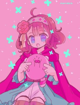1girl ahoge ani_inako blue_dress blue_eyes brown_hair cape cheek_poking commentary_request dame_x_prince dress flower gurimaru hair_flower hair_ornament hairband monapct open_mouth pink_background pink_hairband poking sitting