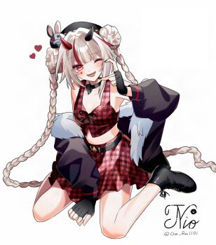 Rule 34 | 1girl, alternate costume, artist name, belt, black belt, black choker, black gloves, black hat, black jacket, black nails, black shoes, braid, breasts, choker, commentary request, diamond (shape), diamond facial mark, facial mark, fingerless gloves, full body, fur-trimmed jacket, fur trim, gloves, hat, heart, heart facial mark, honkai: star rail, honkai (series), horns, jacket, long hair, looking at viewer, midriff, multicolored hair, nail polish, off shoulder, om rm1101, one eye closed, open clothes, open jacket, open mouth, pink eyes, plaid clothes, plaid shirt, plaid skirt, red hair, shirt, shoes, simple background, sitting, skirt, sleeveless, sleeveless shirt, small breasts, solo, sparkle (honkai: star rail), sparxie (ethereal dance) (honkai: star rail), sparxie (honkai: star rail), street fighter, twin braids, twitter username, two-tone hair, very long hair, wariza, white background, white hair